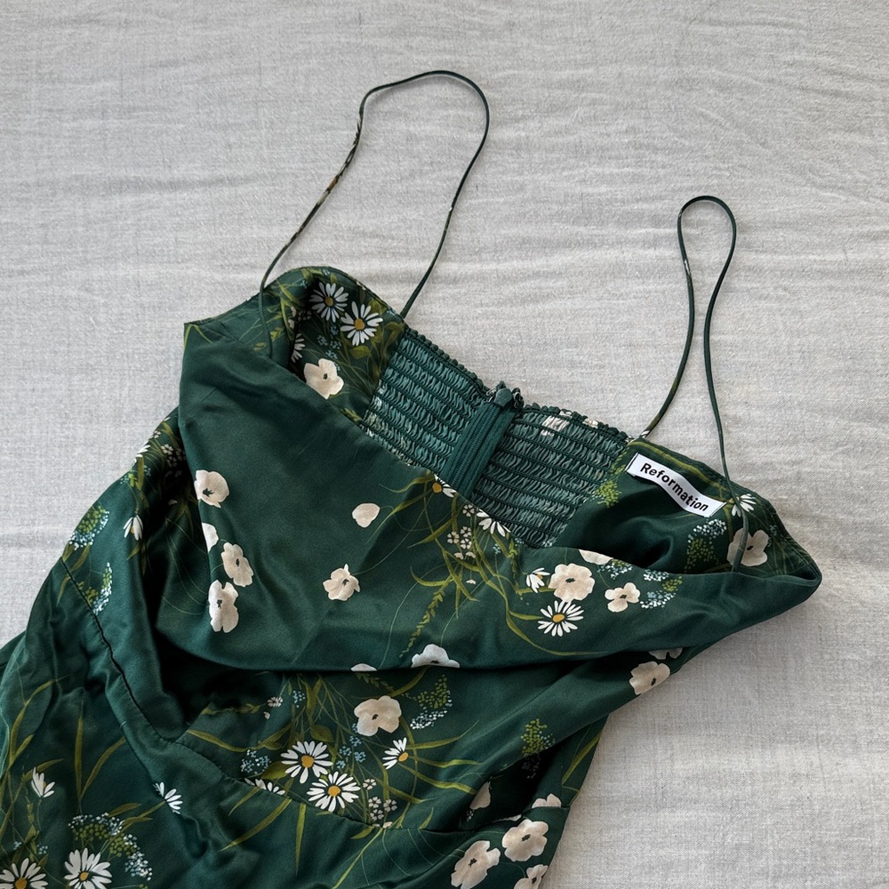 Reformation Dark Green Dress with White Floral Pattern